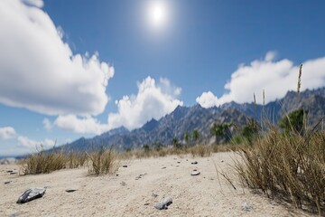 Sandy shore meets distant mountains under a bright, cloudy sky