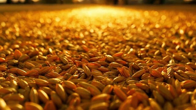 An eye-level view of a field of golden grains, bathed in warm sunlight