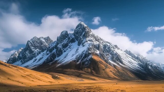 Majestic Snow-Capped Mountains Rising Above Golden Plains Under Clear Blue Sky
