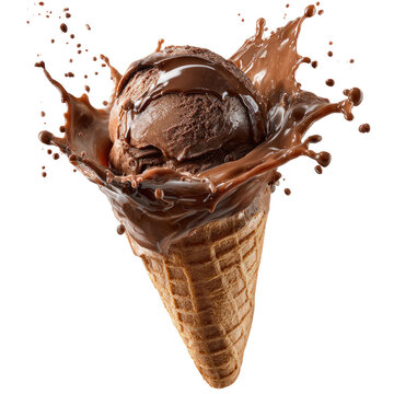 Chocolate ice cream scoop in waffle cone, chocolate splash