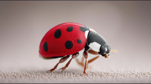 A ladybug with black and red spots is walking on a white surface. The ladybug is small and has a black head