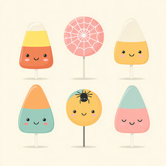 Cute Halloween treats: Adorable candy corn and lollipop characters with sweet smiles A festive treat for your eyes perfect for the holiday season!
