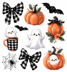 Watercolor Halloween elements: ghosts pumpkins bats ribbons coffee mug spiderweb for festive fall designs and spooky season fun