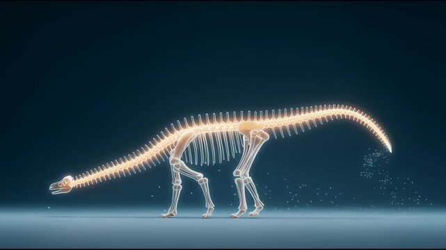 A skeleton of a dinosaur is walking on a blue background. The skeleton is in a very pale yellow color, which gives it a creepy and eerie appearance