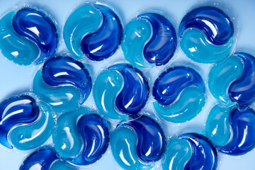 Blue laundry detergent pods for household cleaning