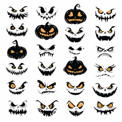 Spooky Expressions: A collection of twenty-four Halloween pumpkin faces showcasing a variety of eerie and fun expressions Happy Halloween!