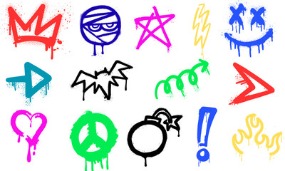 Vibrant Graffiti Symbols: Colorful Street Art Icons and Brush Designs
