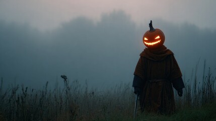 A figure with a glowing pumpkin head stands in a field, silhouetted against fog