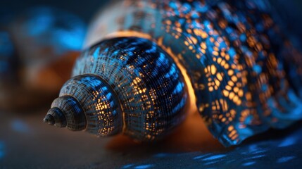 A large ornate seashell sits casting patterned light against a dark blue backdrop