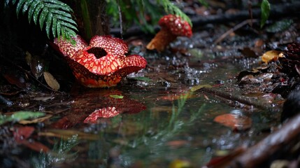 A large Rafflesia flower beside water in a jungle, surrounded by leaves and vegetation