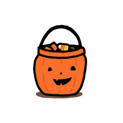 A playful illustration of a smiling jack-o'-lantern bucket overflowing with sweet treats perfect for Halloween festivities