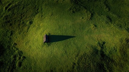 A lone, small structure sits amidst lush, undulating green grassy landscape