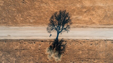 A lone tree casts a large shadow on a dirt road in a vast, dry, sun-baked landscape