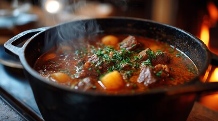 A steaming pot of savory beef stew with vegetables, enriched with fresh herbs, cooking in a rustic cast iron dish.