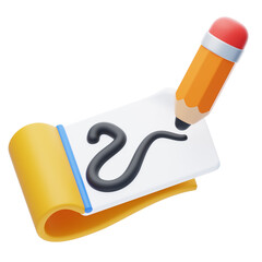 3D Rendering Of An Orange Pencil Drawing A Black Wavy Line On A White Spiral Bound Sketchpad With A Yellow Cover And A Transparent Background