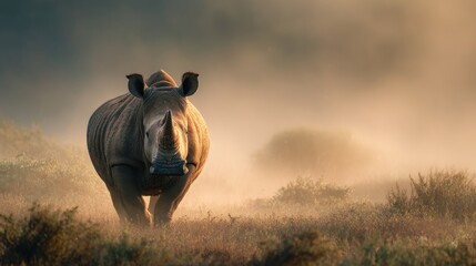 A massive rhinoceros stands in a misty landscape, lit by golden, warm sunlight