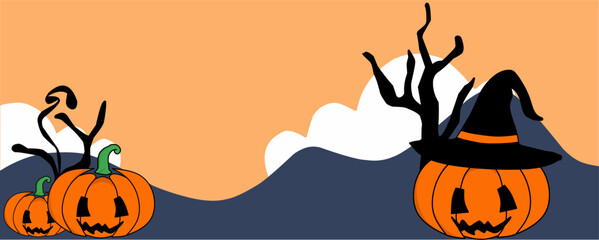 Halloween Pumpkin Illustration with Witch Hat and Dark Tree Silhouette