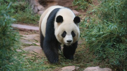 Obraz premium A panda walks along a path surrounded by foliage in a zoo habitat environment