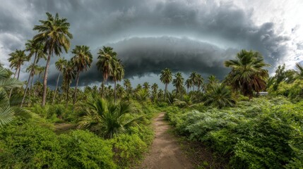 Obraz premium A path curves through palm trees under a dramatic, stormy sky in a lush, green landscape