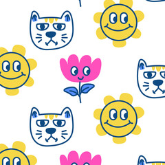 Whimsical Vector Illustration Featuring Cartoon Cats Smiling Sunflowers and Pink Flowers on a Transparent Background with Playful Hand Drawn Elements