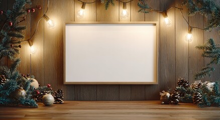 christmas-themed frame animation with a white blank board on a wooden wall decorated with christmas decorations, light bulbs, and garland. abstract background with copy space for your design.
