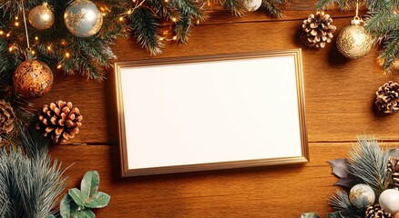 christmas-themed frame animation with a white blank board on a wooden wall decorated with christmas decorations, light bulbs, and garland. abstract background with copy space for your design.