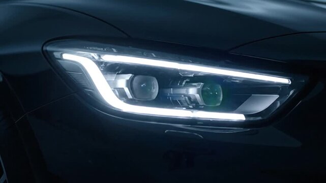 Dynamic Close-up: Modern Car Headlight's Bright LED Illumination and Sleek Automotive Design Detail