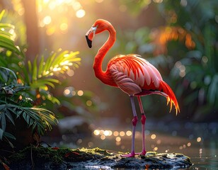 Voxel Flamingo Standing on Rock Amidst Lush Greenery in Warm Sunlight