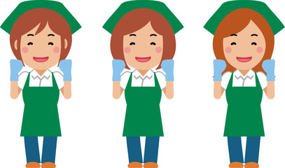 がんばります。と笑顔の緑エプロンの女性清掃員