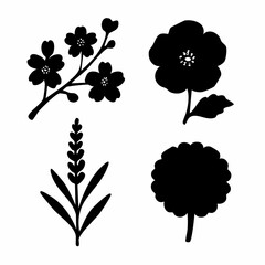 Collection of elegant black silhouettes featuring fireflies cherry blossoms spring branches poppies and lavender for design projects