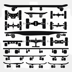 Collection of flat silhouette skateboard trucks in front and side views isolated on white background for graphic design
