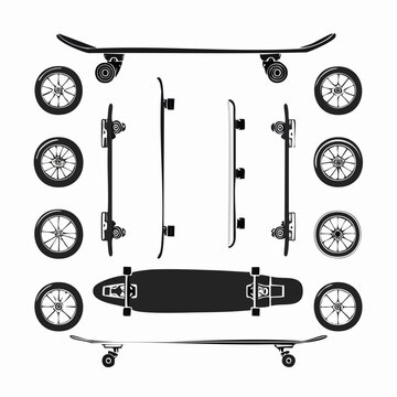 Minimal silhouette vector set of skateboard wheels and trucks showcasing top down and perspective views for design projects