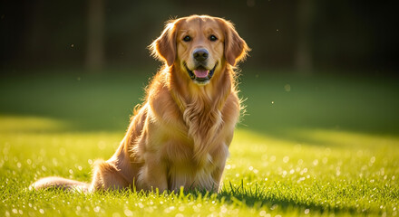 A golden retriever sitting in a grassy field looking directly at the camera with a happy expression
