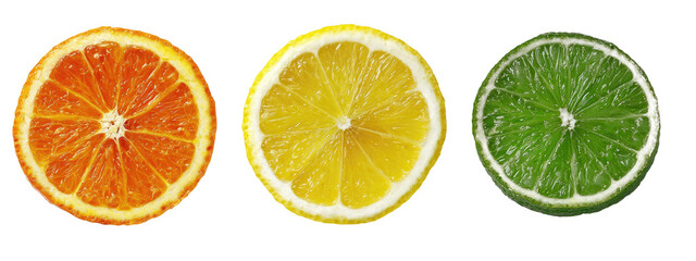 Three citrus fruit slices, orange, lemon, and lime, displayed in a horizontal row against a dark background.  Each slice is a perfect circle, showing the segmented interior