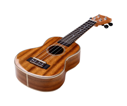 Beautiful Hawaiian ukulele with natural wood grain, isolated on black background, perfect for music, hobbies, and design elements PNG set, transparent background - Powered by Adobe