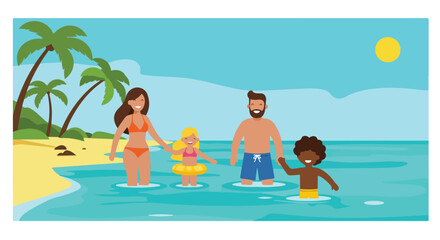 Vector Illustration of Family Enjoying Beach Scene in Bright Colorful Style for Travel and Vacation Design