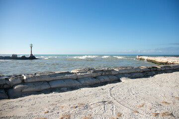 El Cuyo, Mexico; November 1, 2025: Entrance to the sea of ​​the port of a fishing village in Yucatan.