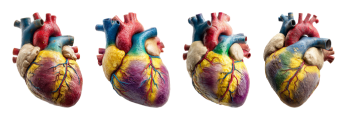 Vivid anatomical heart illustration in a row with detailed texture and vibrant colors, isolated on black background, PNG set, transparent background