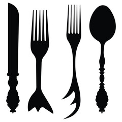 Minimalist Black Cutlery Silhouette Set – Spoon, Fork, and Knife Icons for Restaurant and Kitchen Design Vector Illustration