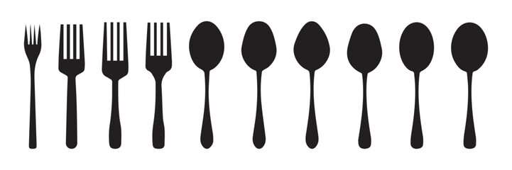 Minimalist Black Cutlery Silhouette Set – Spoon, Fork, and Knife Icons for Restaurant and Kitchen Design Vector Illustration