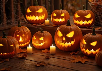 Fototapeta premium Multiple glowing jack-o'-lanterns with spooky faces and candles on a wooden porch, celebrating Halloween.