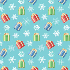 Colored background with gifts and snowflakes.Vector seamless pattern with white snowflakes and multicolored gift boxes on a blue background.