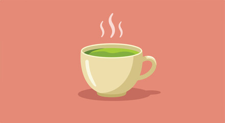 Fototapeta premium Minimalist Vector Illustration of Hot Green Tea Cup in Contemporary Style with Soft Beige and Green Colors for Wellness and Beverage Branding