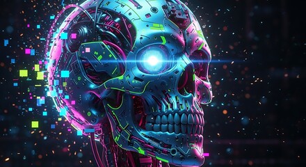 Cybernetic skull with glowing eye and colorful geometric particles in a dark background