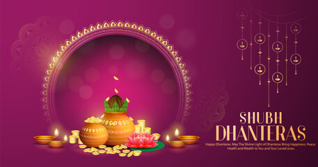 Happy Dhanteras Celebration - Poster Template Design With Pots of Gold Coin, Diya and Decorative Arch. Auspicious Hindu Festival Symbolizing Prosperity and Wealth. Hindu Festival Background.