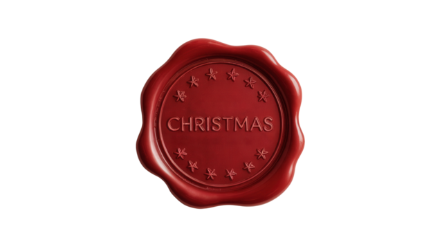 A single red wax seal with the word christmas embossed in the center and a decorative border isolated on transparent background