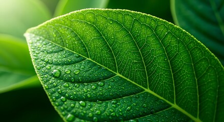 Close-up of a Fresh Green Leaf with Water Droplets.