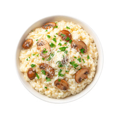 Delicious Mushroom Risotto with Parmesan and Parsley, Presented in a White Bowl, Isolated on a Black Background, PNG set, transparent background