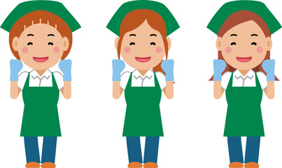 がんばります。と笑顔の緑エプロンの女性清掃員。その2