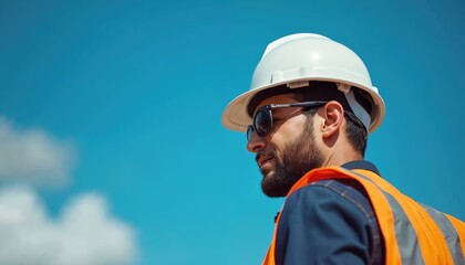 A construction worker wearing sunglasses a white hard hat and orange safety vest. The man looks to the right. Clear blue sky provides background.